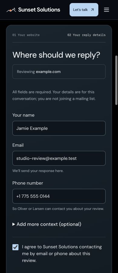 Review form with required name, email and phone, plus an explicit agreement to be contacted