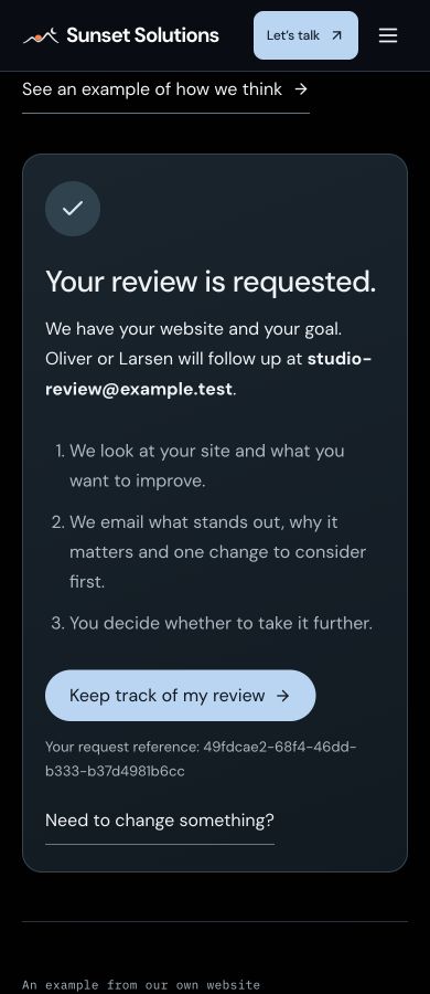 Review confirmation with next steps and a request reference, using sample details