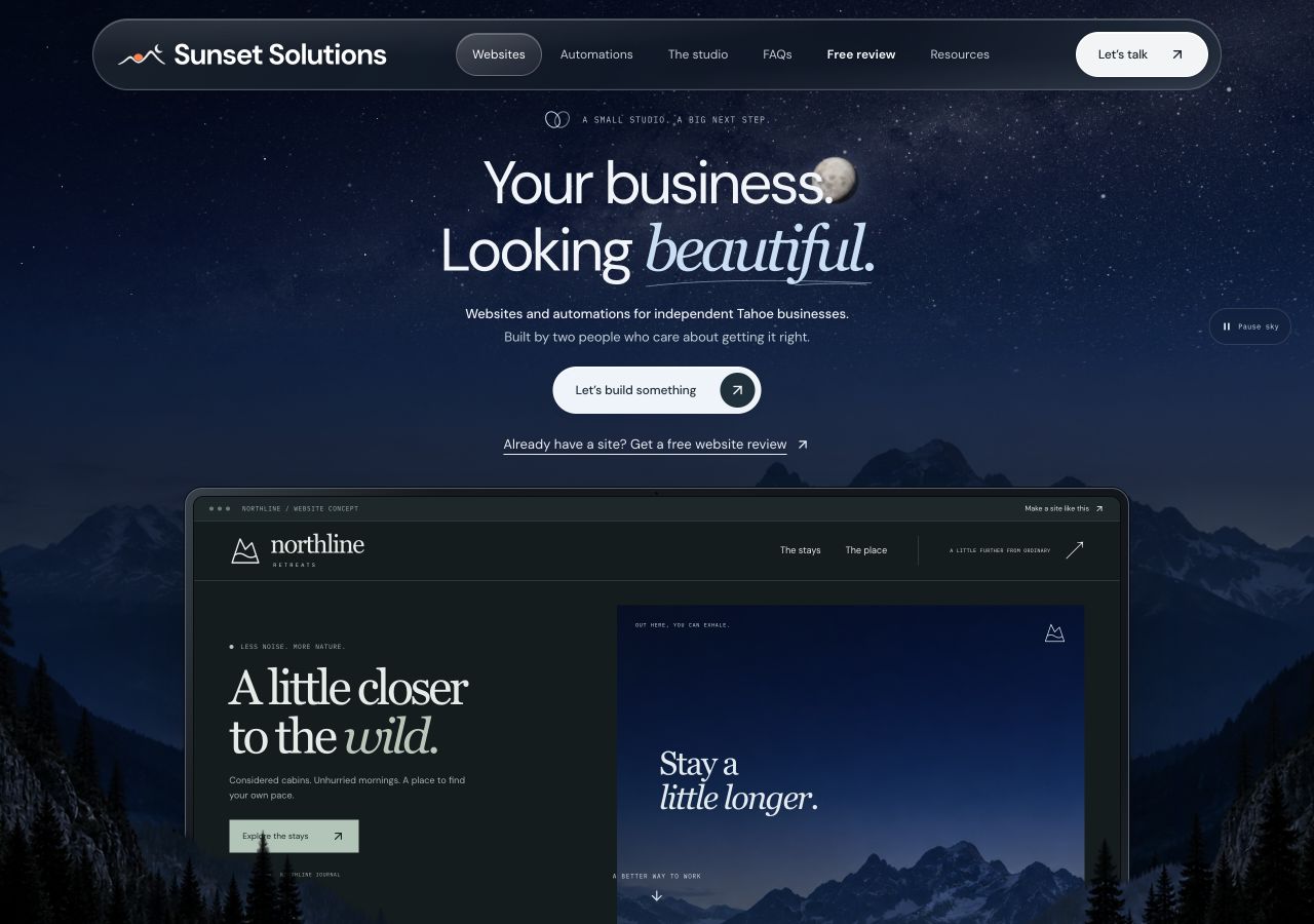 Sunset Solutions homepage with a moonlit mountain scene